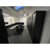 Maestro grey oak corner desks with pedestals, bisley tambour units and black desk dividers