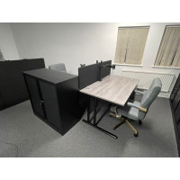 Maestro grey oak corner desks with pedestals, bisley tambour units and black desk dividers