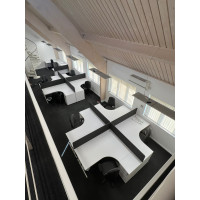 Rayleigh corner desks with desk high pedestals and bespoke desk screens