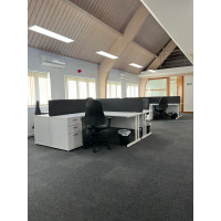 Rayleigh corner desks with desk high pedestals and bespoke desk screens