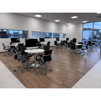 Aura executive medium back with 900mm diamter tops and brushed steel base