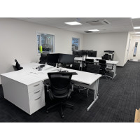 Rayleigh corner desks with 600 deep pedestals, orbit mesh chairs and Aura medium back exeucitve