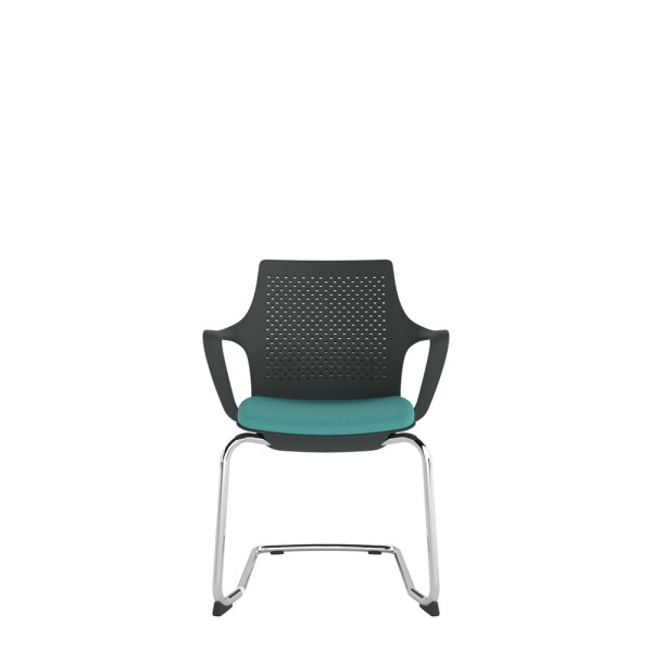 Black Perforated Back Chair With Integrated Arms, Upholstered Seat And Chrome Cantilever Frame
