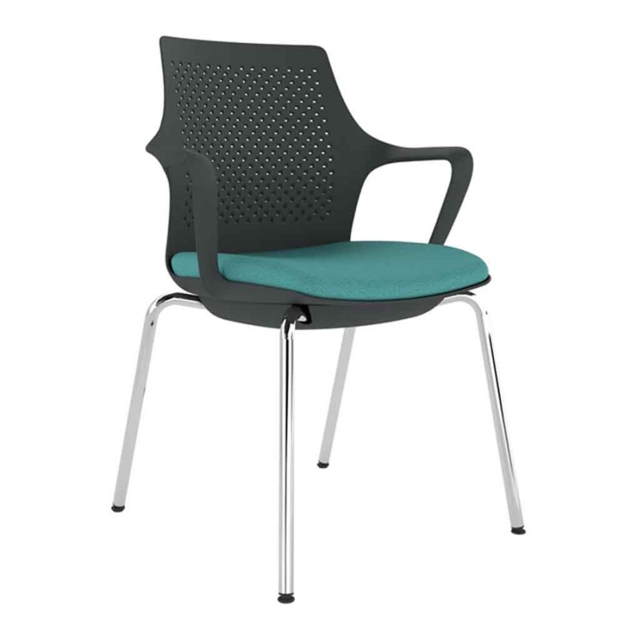 Black Perforated Back Chair With Integrated Arms, Upholstered Seat And Chrome 4 Leg Frame