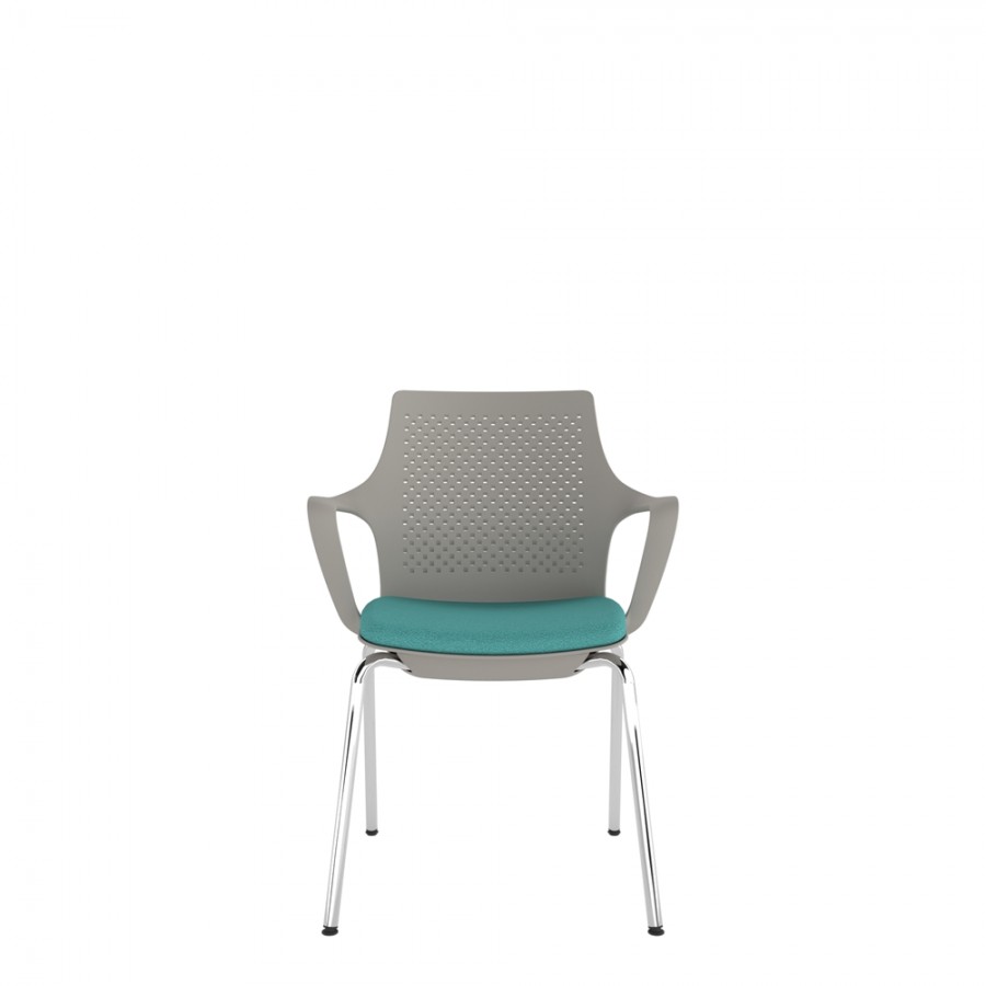 Light Grey Perforated Back Chair With Integrated Arms, Upholstered Seat And Chrome 4 Leg Frame