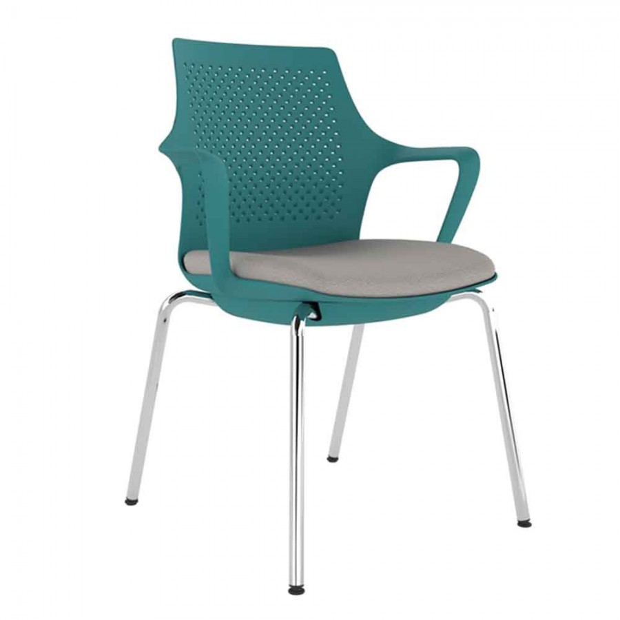 Turquoise Perforated Back Chair With Integrated Arms, Upholstered Seat And Chrome 4 Leg Frame