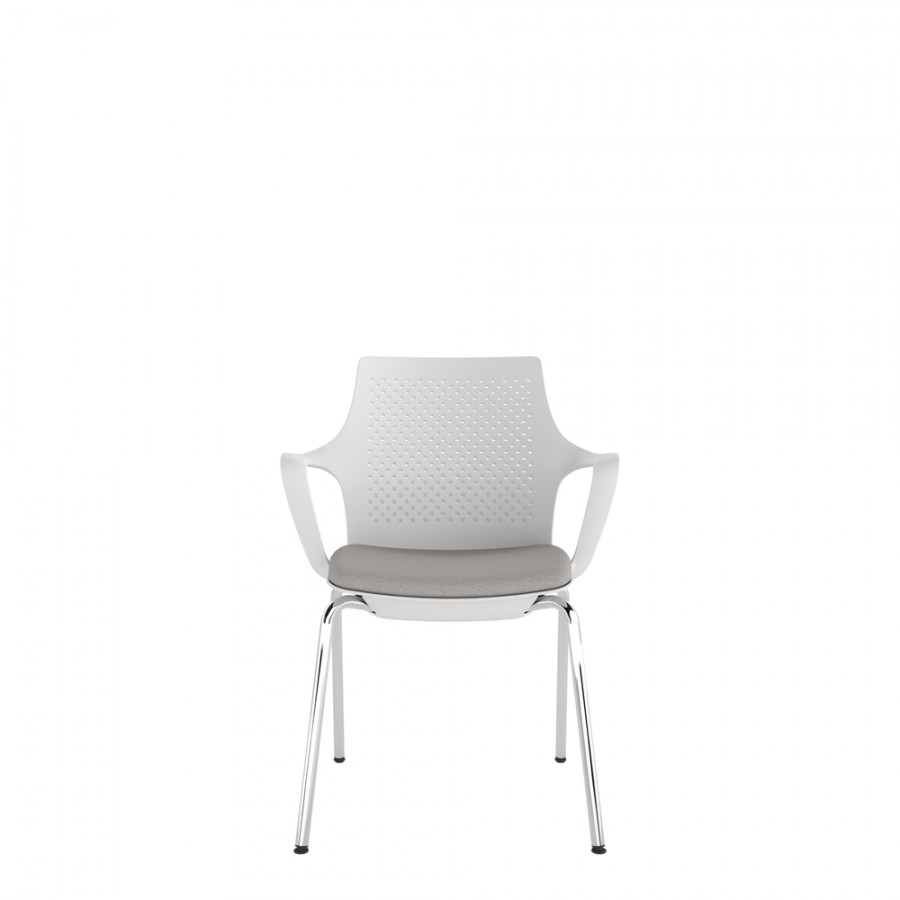 White Perforated Back Chair With Integrated Arms, Upholstered Seat And Chrome 4 Leg Frame