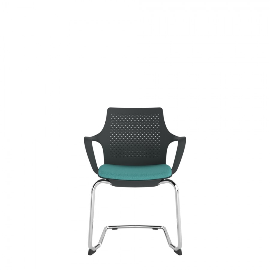 Black Perforated Back Chair With Integrated Arms, Upholstered Seat And Chrome Cantilever Frame