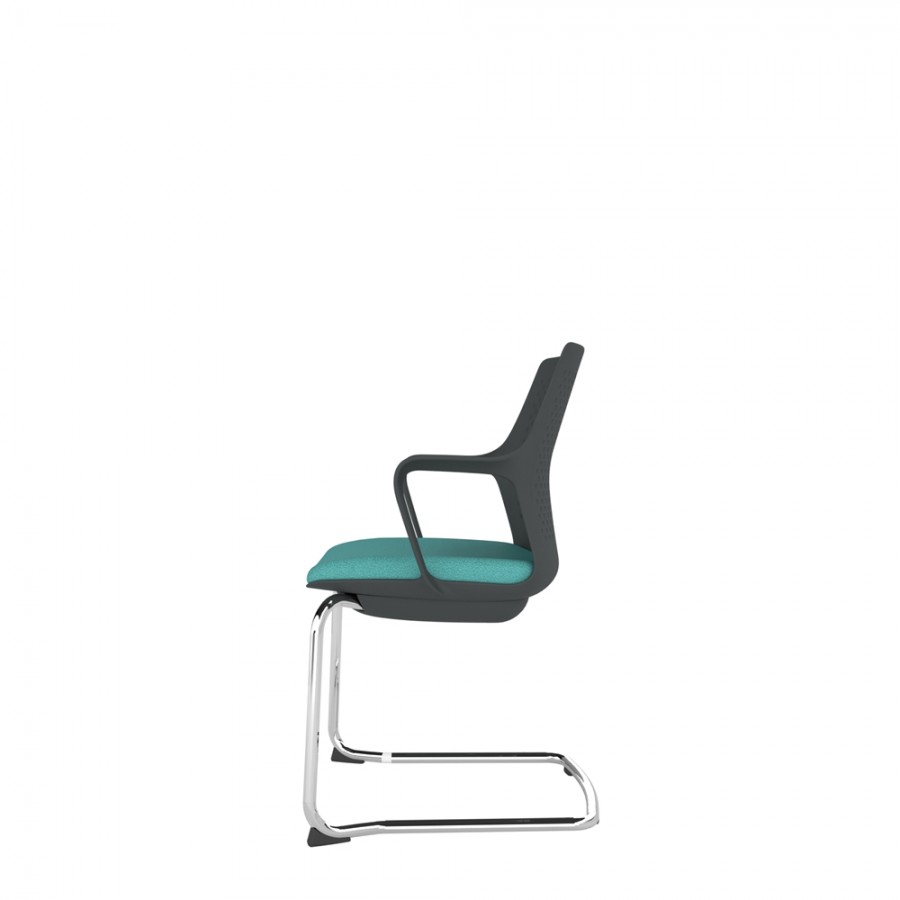 Black Perforated Back Chair With Integrated Arms, Upholstered Seat And Chrome Cantilever Frame