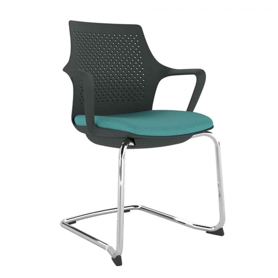 Black Perforated Back Chair With Integrated Arms, Upholstered Seat And Chrome Cantilever Frame