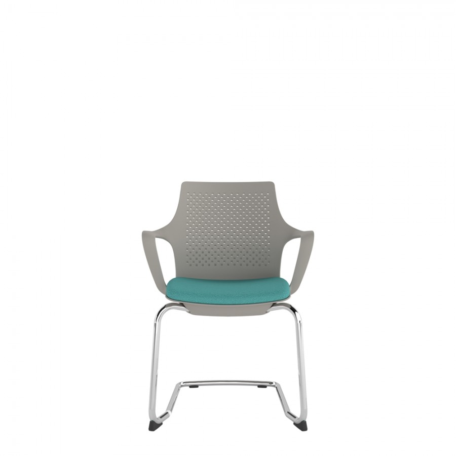 Light Grey Perforated Back Chair With Integrated Arms, Upholstered Seat And Chrome Cantilever Frame