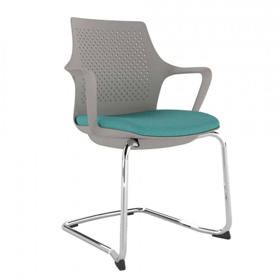 Light Grey Perforated Back Chair With Integrated Arms, Upholstered Seat And Chrome Cantilever Frame