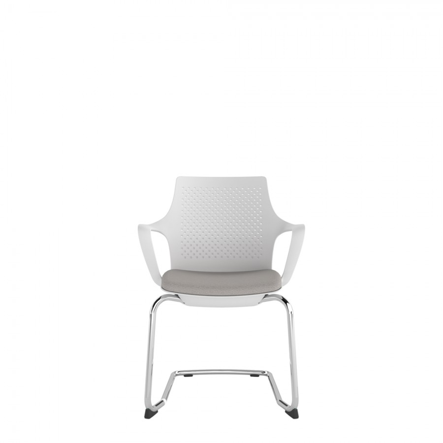 White Perforated Back Chair With Integrated Arms, Upholstered Seat And Chrome Cantilever Frame