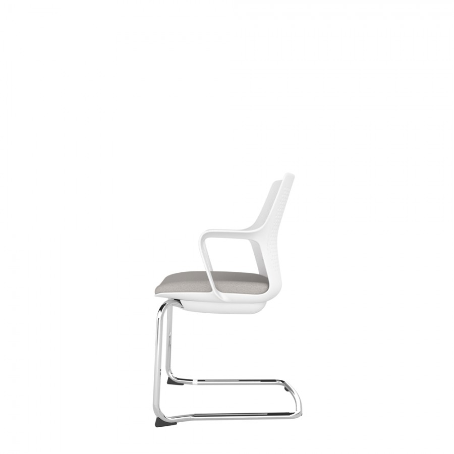 White Perforated Back Chair With Integrated Arms, Upholstered Seat And Chrome Cantilever Frame