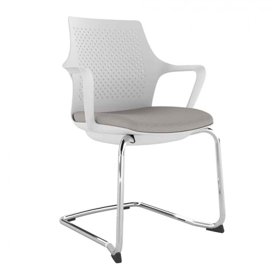 White Perforated Back Chair With Integrated Arms, Upholstered Seat And Chrome Cantilever Frame