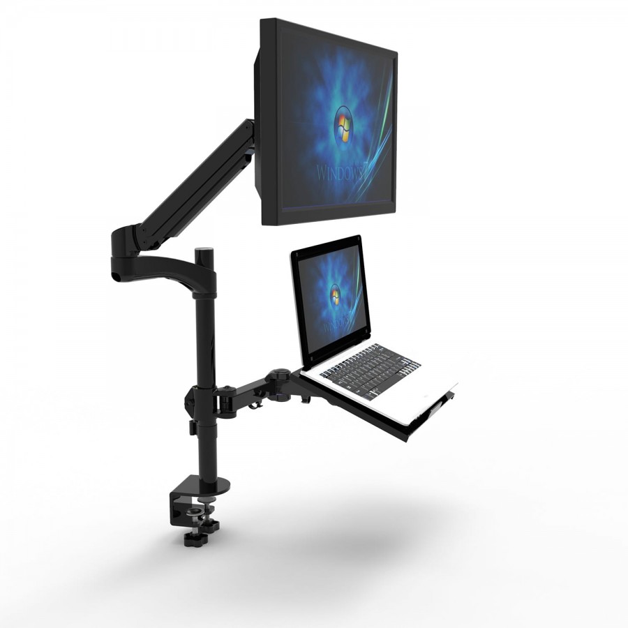 Compact Gas Spring Workstation with Monitor Arm & Laptop or Keyboard Tray