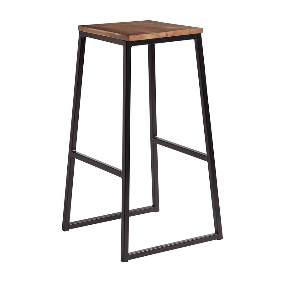 Style High Stool - Matt Black Metal Frame - Rustic Wooden Seat Pad